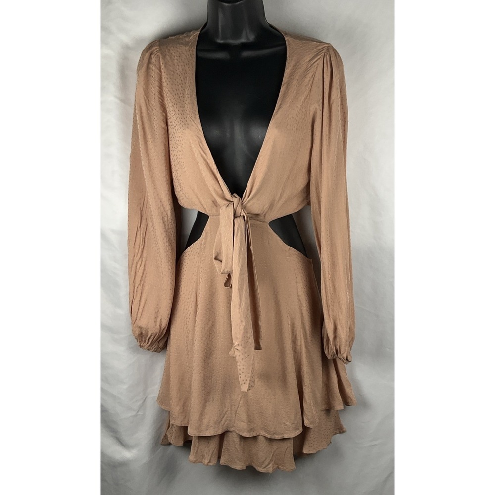 Illa Illa Dress Size S Dusty Coral Tie Front Cutouts Ruffle Long Sleeves Texture